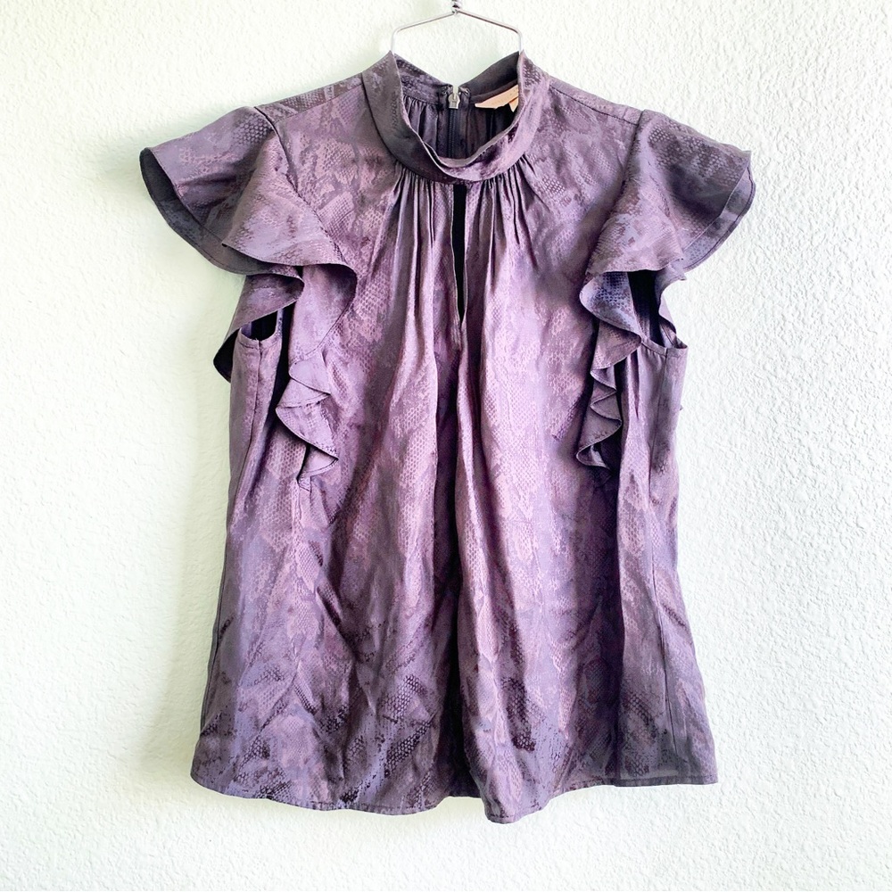 REBECCA TAYLOR silk blend snake animal print metallic blouse ruffle top XS shirt